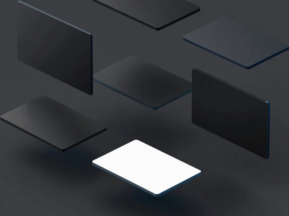 Isometric digital product spread of various clean, minimalist dar