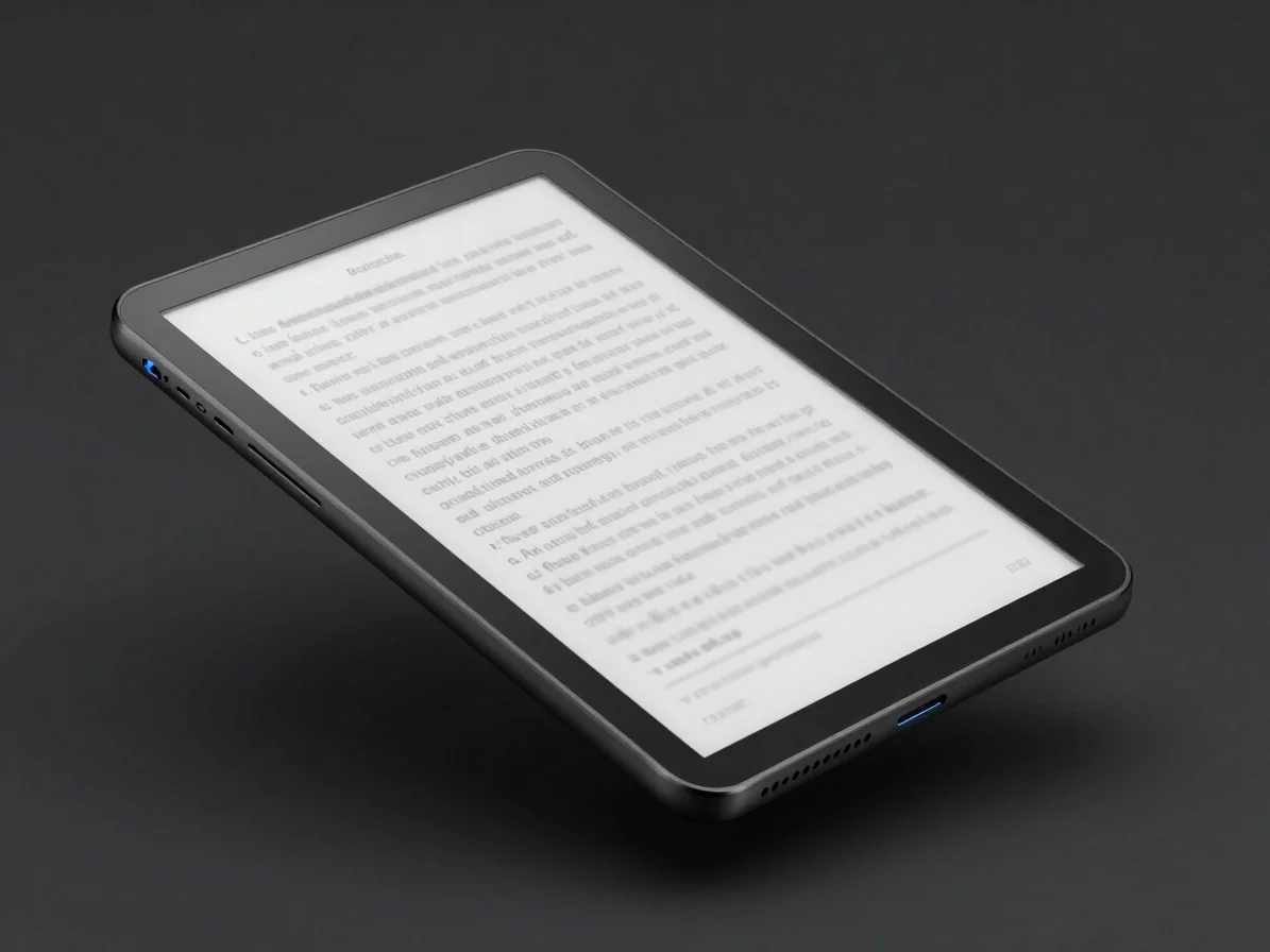 Close-up of a sleek floating e-reader device mockup displaying an