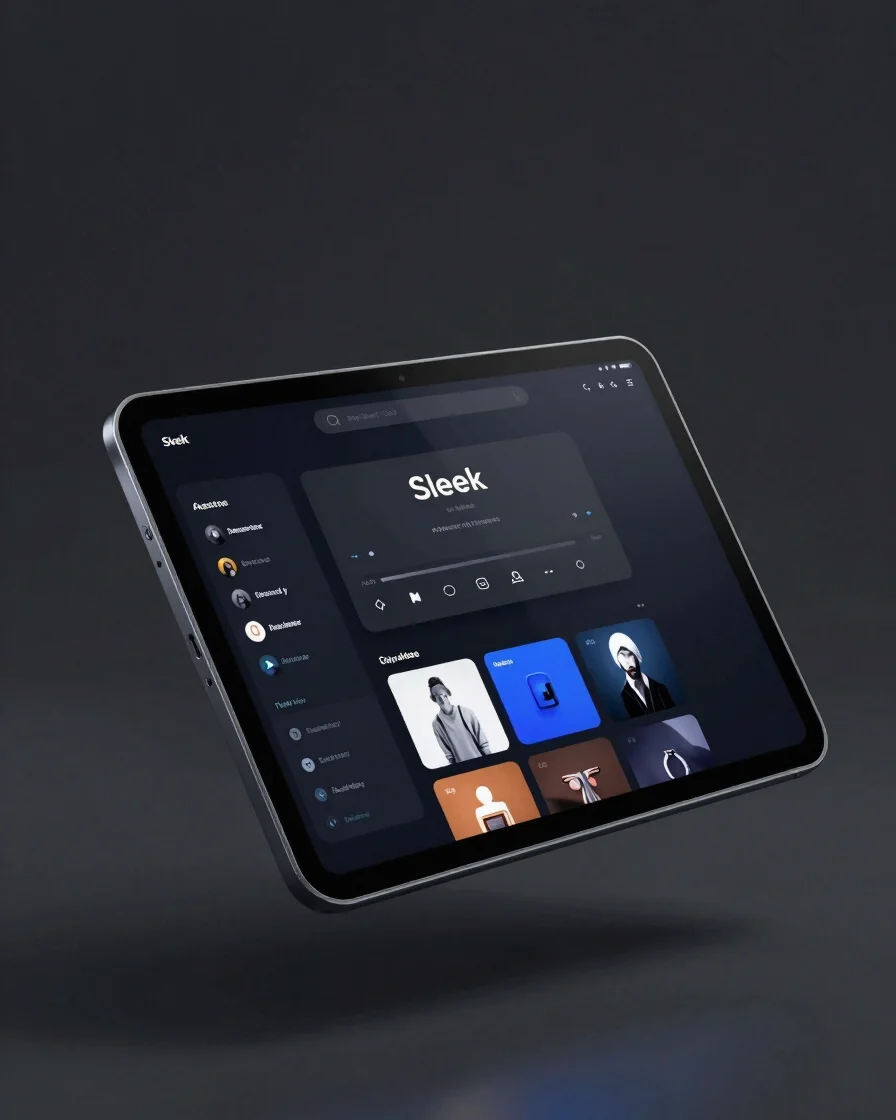 Sleek 3D mockup render of a floating tablet displaying a dark-mode digital template, against a dark charcoal backdrop wi
